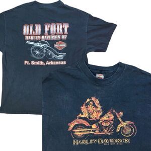 Harley Davidson T‎ Shirt XL Black Flames Biker Babe Motorcycle Old Fort USA